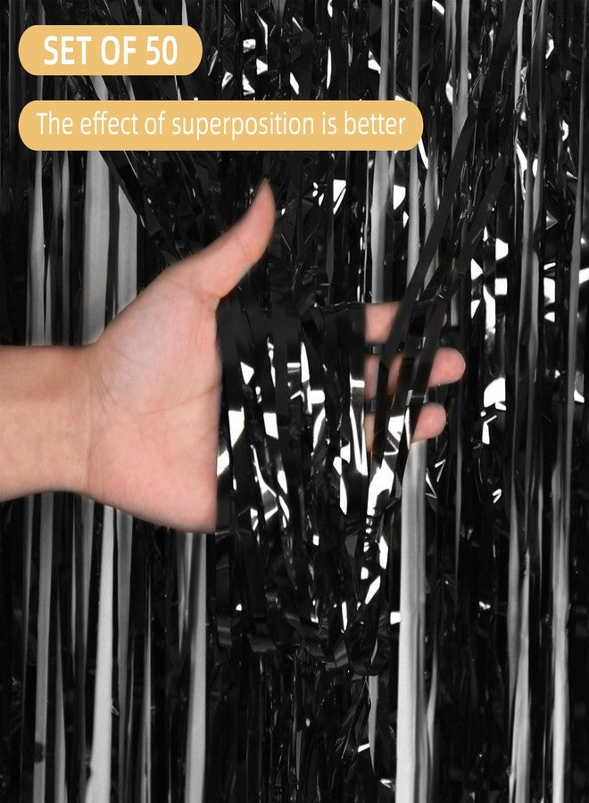 Ohiyoo Black Foil Fringe Curtains 50 Pack 3.2ft x 8.2ft Fringe Backdrop Curtains Metallic Tinsel Streamer Photo Backdrop for Birthday Party Decorations Halloween Christmas Party Supply (Black) - Image 2